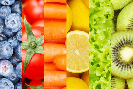 Collection of fruits and vegetables fruit collage background with berries freshの写真素材