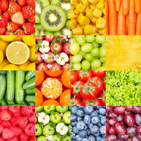 Collection of fruits and vegetables fruit collage background with berries apples and carrots square freshの写真素材