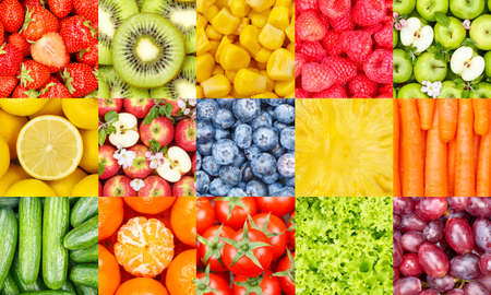 Collection of fruits and vegetables fruit collage background with berries and grapes freshの写真素材