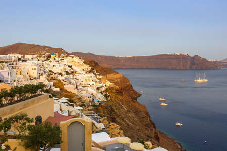 Santorini island holidays in Greece travel traveling Oia town Mediterranean Sea evening Santorini landscapeの写真素材
