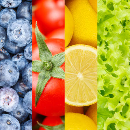 Collection of fruits and vegetables fruit collage background with berries square freshの写真素材