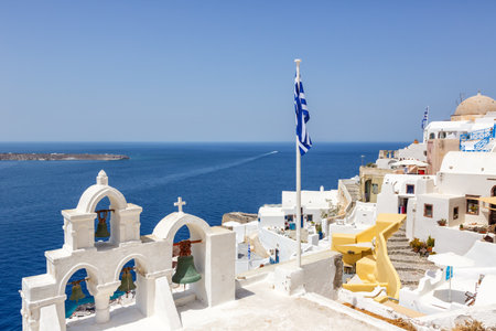 Santorini island holidays in Greece travel traveling Oia town Mediterranean Sea and church Santorini tourismの写真素材