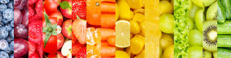 Collection of fruits and vegetables fruit collage background with berries and grapes freshの写真素材