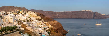 Santorini island holidays in Greece travel traveling Oia town Mediterranean Sea evening Santorini panorama landscapeの写真素材