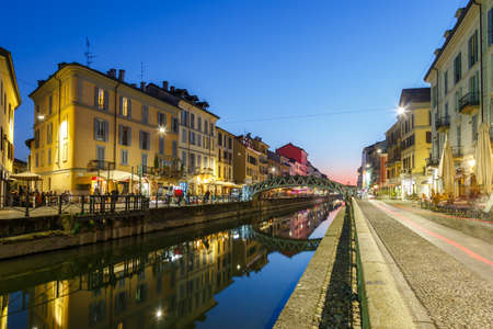 Milan Navigli Milano restaurant and bar district travel traveling holidays vacation town city blue hour in Italyの写真素材