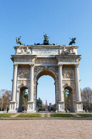 Milan Arco Della Pace Milano peace triumphal arch gate travel traveling town city portrait format in Italyの写真素材