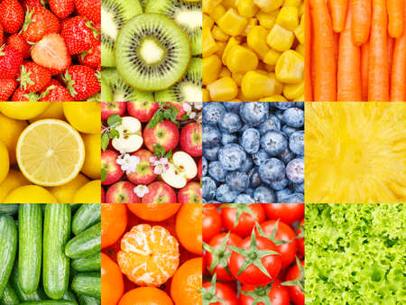 Collection of fruits and vegetables fruit collage background with berries apples and carrots freshの写真素材