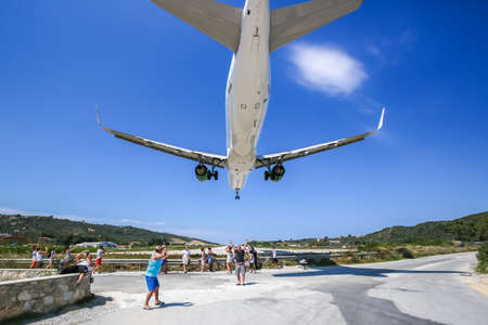 Skiathos, Greece - June 26, 2015: Germania Airbus airplane at Skiathos airport (JSI) in Greece.