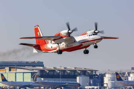 Stuttgart, Germany - March 4, 2022: Ukraine Antonov An-32P airplane at Stuttgart airport (STR) in...