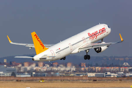 Stuttgart, Germany - March 4, 2022: Pegasus Airbus A321neo airplane at Stuttgart airport (STR) in Germany.のeditorial素材