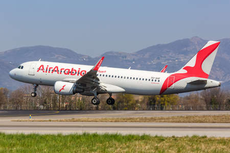 Bergamo, Italy - March 25, 2022: Air Arabia Airbus A320 airplane at Bergamo airport (BGY) in Italy.のeditorial素材