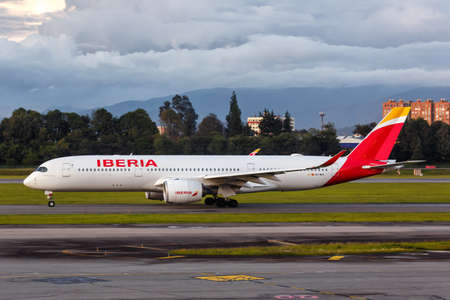 Bogota, Colombia - April 20, 2022: Iberia Airbus A350-900 airplane at Bogota airport (BOG) in Colombia.のeditorial素材
