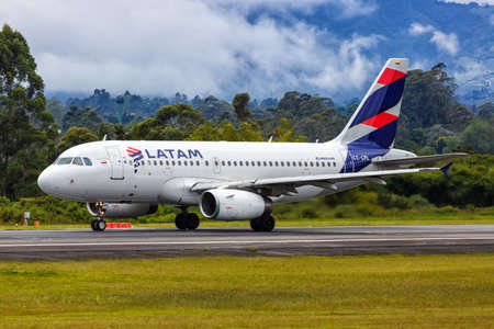 Medellin, Colombia - April 19, 2022: LATAM Airbus A319 airplane at Medellin Rionegro airport (MDE) in Colombia.のeditorial素材