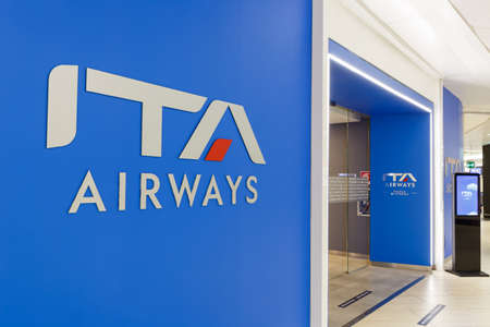 Rome, Italy - March 19, 2022: ITA Airways at a lounge at Rome Fiumicino Airport (FCO) in Italy.