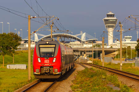 Munich, Germany - September 9, 2021: Regional suburban train type Bombardier Talent 2 at airport in...