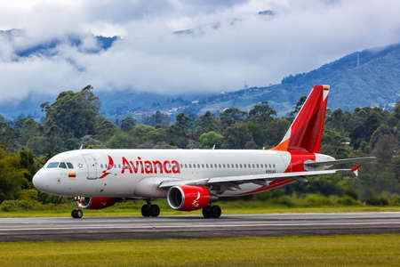 Medellin, Colombia - April 19, 2022: Avianca Airbus A320 airplane at Medellin Rionegro airport (MDE) in Colombia.のeditorial素材