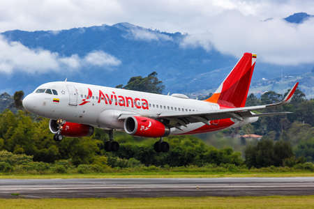 Medellin, Colombia - April 19, 2022: Avianca Airbus A319 airplane at Medellin Rionegro airport (MDE) in Colombia.のeditorial素材