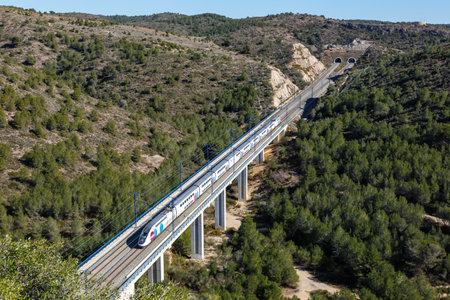 Roda de Bera, Spain - February 20, 2022: TGV Euroduplex high-speed train of Ouigo Espana SNCF on the Madrid - Barcelona high speed rail railway line near Roda de Bera in Spain.のeditorial素材