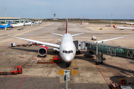Barcelona, Spain - April 4, 2022: Avianca Boeing 787-8 Dreamliner airplane at Barcelona airport in Spain.のeditorial素材