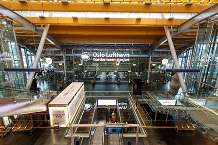 Oslo, Norway - August 16, 2022: Terminal and railway station of Oslo Gardermoen airport (OSL) in Norway.のeditorial素材