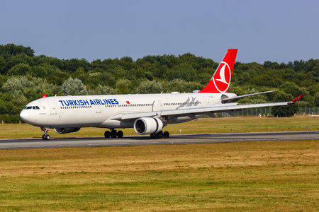 Hamburg, Germany - August 14, 2022: Turkish Airlines Airbus A330-300 airplane at Hamburg airport (HAM) in Germany.のeditorial素材