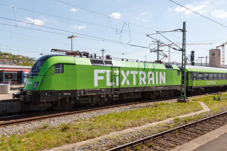 Stuttgart, Germany - April 28, 2022: Flixtrain train at main railway station in Stuttgart, Germany.のeditorial素材