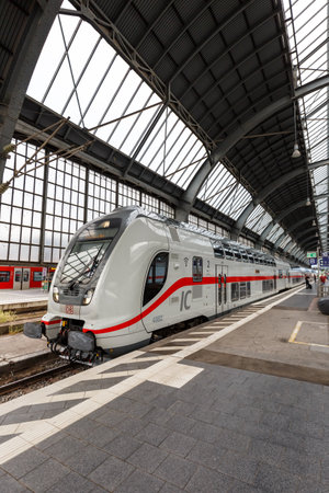 Karlsruhe, Germany - June 30, 2022: InterCity IC train type Twindexx Vario by Bombardier of DB Deutsche Bahn at main station in Karlsruhe, Germany.のeditorial素材