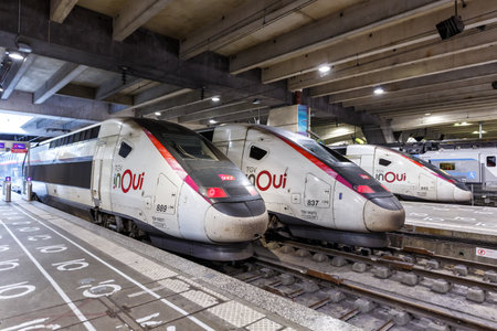 Paris, France - June 6, 2022: TGV Duplex high-speed trains of SNCF at Gare Montparnasse railway station in Paris, France.のeditorial素材