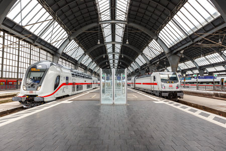 Karlsruhe, Germany - June 30, 2022: InterCity IC trains type Twindexx Vario by Bombardier of DB Deutsche Bahn at main station in Karlsruhe, Germany.のeditorial素材