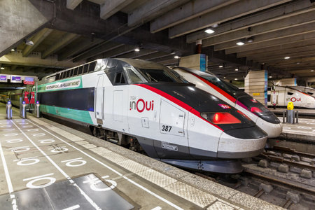 Paris, France - June 6, 2022: TGV high-speed trains of SNCF at Gare Montparnasse railway station in Paris, France.のeditorial素材