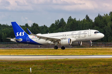Oslo, Norway - August 15, 2022: SAS Scandinavian Airlines Airbus A320neo airplane at Oslo airport (OSL) in Norway.のeditorial素材