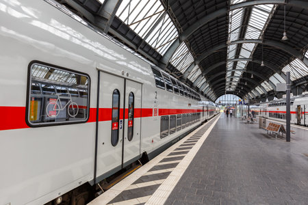 Karlsruhe, Germany - June 30, 2022: InterCity IC train type Twindexx Vario by Bombardier of DB Deutsche Bahn at main station in Karlsruhe, Germany.のeditorial素材