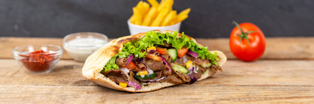 Doner Kebab Doner Kebap fast food meal in flatbread with french fries on a wooden board panoramaの写真素材
