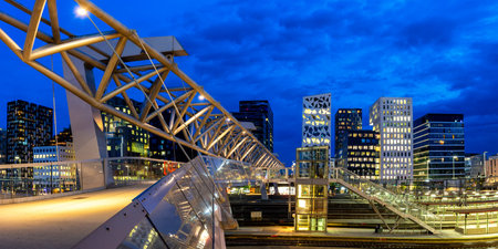Oslo skyline modern city architecture buildings with a bridge at Barcode District panorama travel by night in Norwayの写真素材