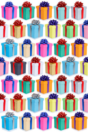 Christmas gifts collection background presents birthday gift present deco portrait format isolated on whiteの写真素材