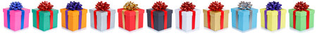 Christmas and birthday gifts decoration presents many in a row collage isolated on a white backgroundの写真素材
