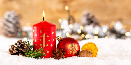 First 1st Sunday in advent with candle Christmas time decoration deco banner panorama copyspace copy spaceの写真素材