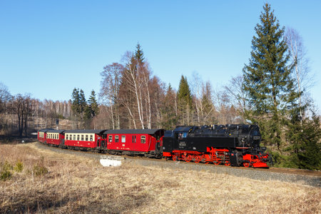 Brockenbahn steam train locomotive railway rail departing Drei Annen Hohne in Germanyのeditorial素材