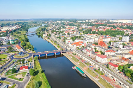 Aerial view of GorzÃ³w Wielkopolski town city at river Warta travel in Polandのeditorial素材