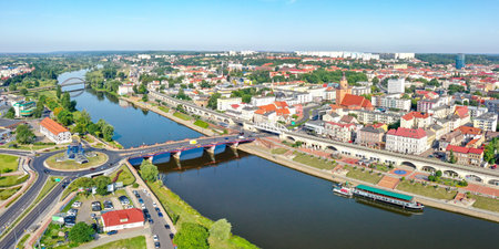 Aerial view of GorzÃ³w Wielkopolski town city panorama at river Warta travel in Polandのeditorial素材