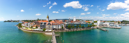 Friedrichshafen waterfront panorama with port harbor at lake Constance Bodensee travel traveling top view from above in Germanyのeditorial素材