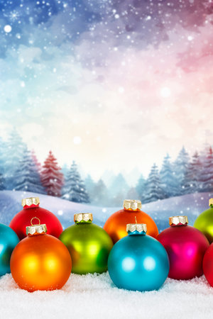 Christmas card with balls baubles and winter forest background copyspace copy space decoration deco portrait formatの写真素材