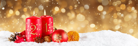 Second 2nd Sunday in advent with candle Christmas time decoration deco banner with copyspace copy spaceの写真素材