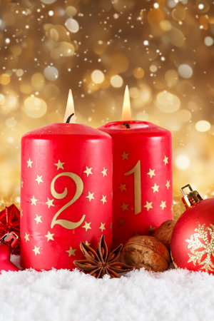 Second 2nd Sunday in advent with candle Christmas time decoration deco portrait format with copyspace copy spaceの写真素材