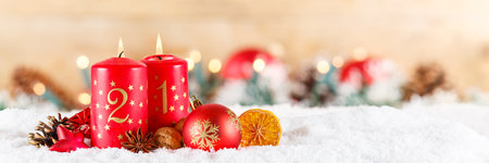 Second 2nd Sunday in advent with burning candle Christmas time decoration deco banner with copyspace...