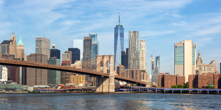 New York City skyline of Manhattan with Brooklyn Bridge and World Trade Center skyscraper panorama traveling in the United Statesの写真素材