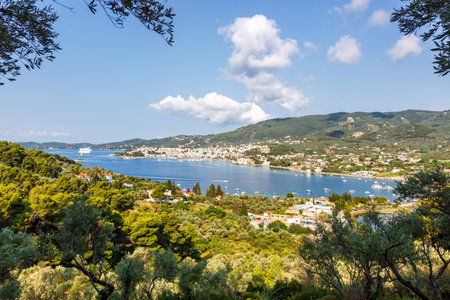 Overview of sea bay and Skiathos town travel vacation at the Mediterranean Sea Aegean island in Greeceの写真素材