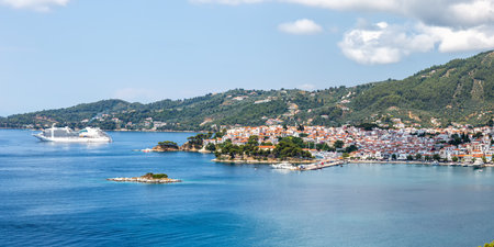 Skiathos town with cruise ship vacation travel at the Mediterranean Sea panorama Aegean island in Greeceの写真素材