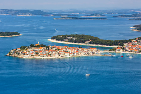 Primosten town on a peninsula vacation traveling in the Mediterranean Sea in PrimoÅ¡ten, Croatia.