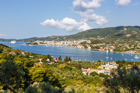 Overview of sea bay and Skiathos town travel vacation at the Mediterranean Sea Aegean island in Greeceの写真素材